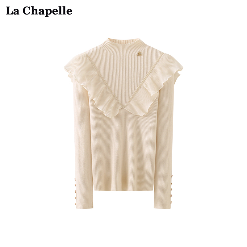 拉夏贝尔LaChapelle气质小众半高领荷叶边坑条针织打底衫女冬季