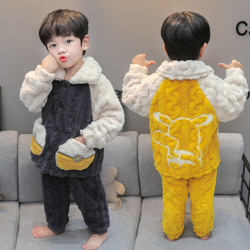 巴拉儿童珊瑚绒睡衣男童秋冬季加绒加厚小童男孩宝宝法兰绒家居服