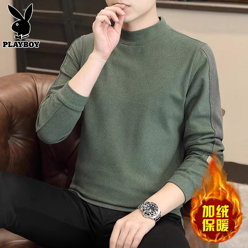 PLAYBOY半高领打底衫男士长袖t恤秋冬季新款潮牌加绒保暖卫衣男T