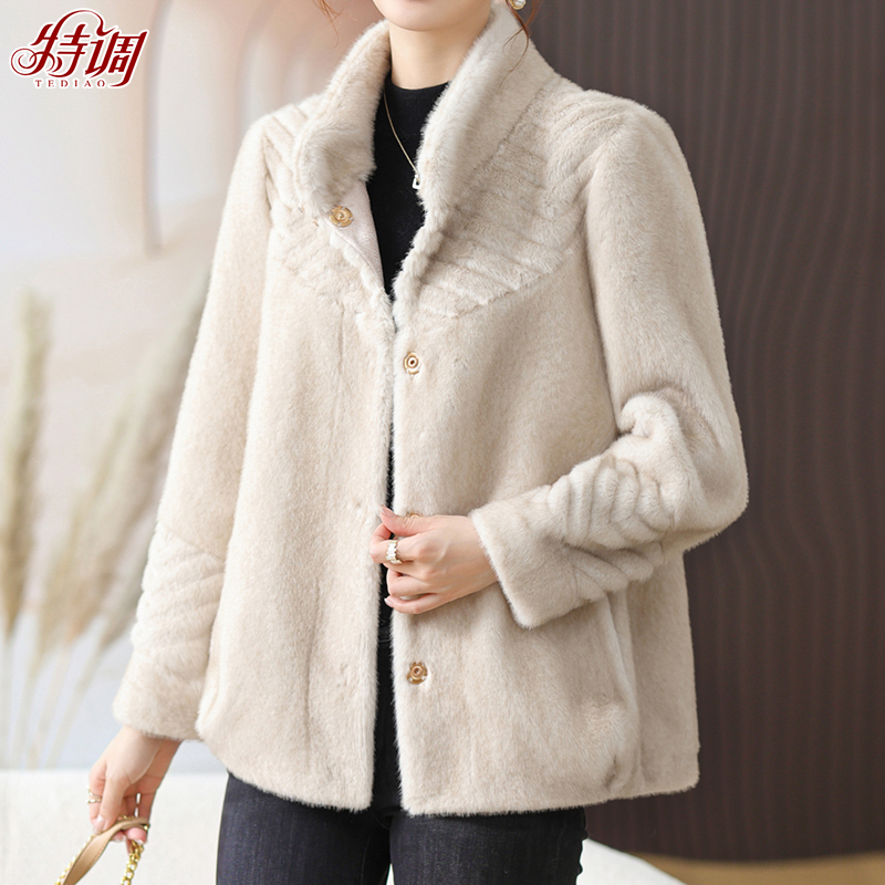 50岁妈妈高贵仿貂绒外套女中年时尚大衣中老年冬装新款气质上衣服