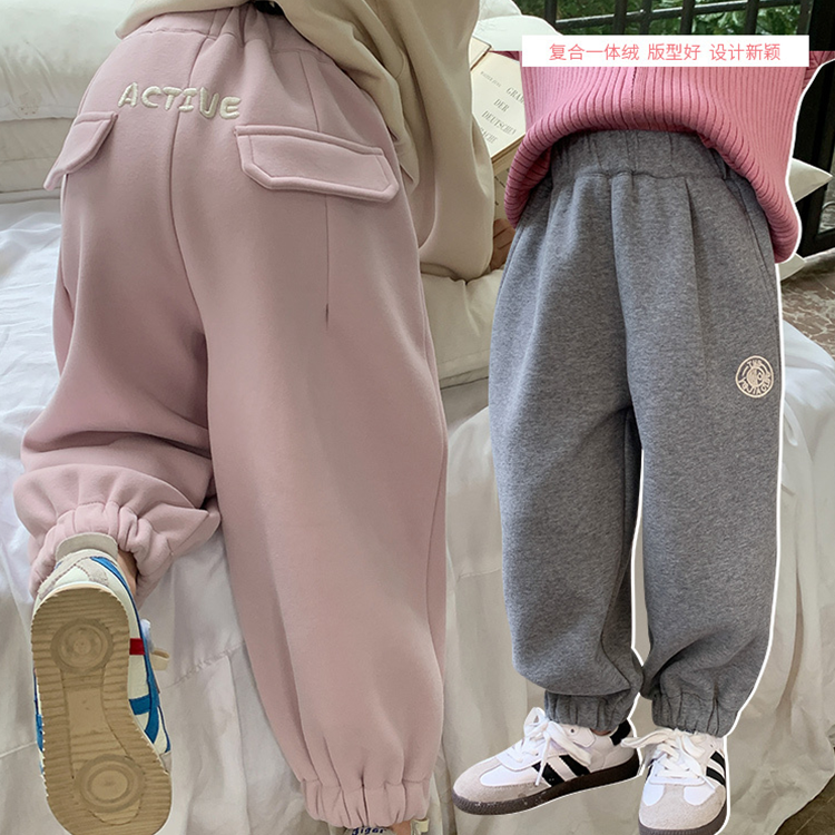 女童运动裤秋冬季2023新款女宝宝冬季加绒卫裤外穿洋气儿童束脚裤