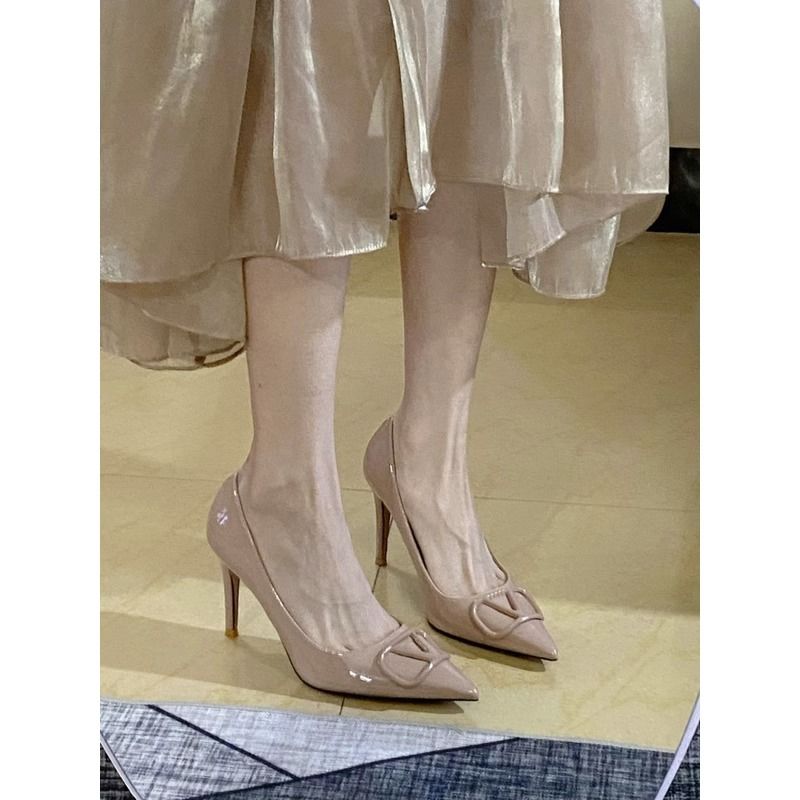 2023新款法式裸色高跟鞋女浅口婚鞋气质职业工作女鞋宴会细跟单鞋