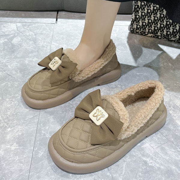 毛毛鞋女冬外穿新款加绒孕妇棉鞋蝴蝶结一脚蹬保暖豆2023爆款百搭