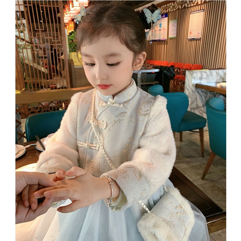 女童旗袍连衣裙2023新款秋冬季洋气女宝宝加绒加厚儿童公主裙子