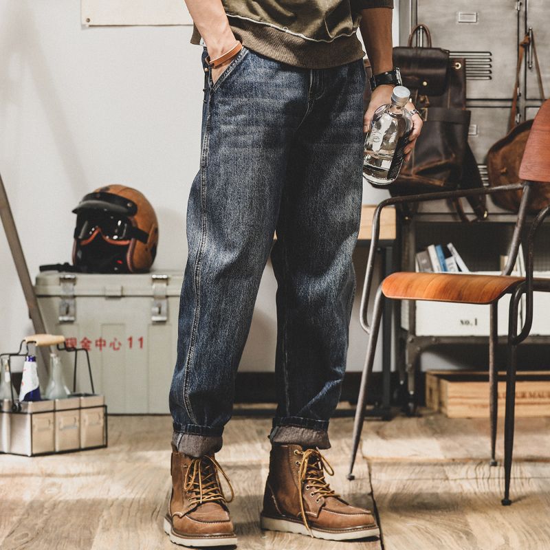 美式休闲复古直筒牛仔裤男宽松2023年秋季阿美咔叽做旧大码长裤男