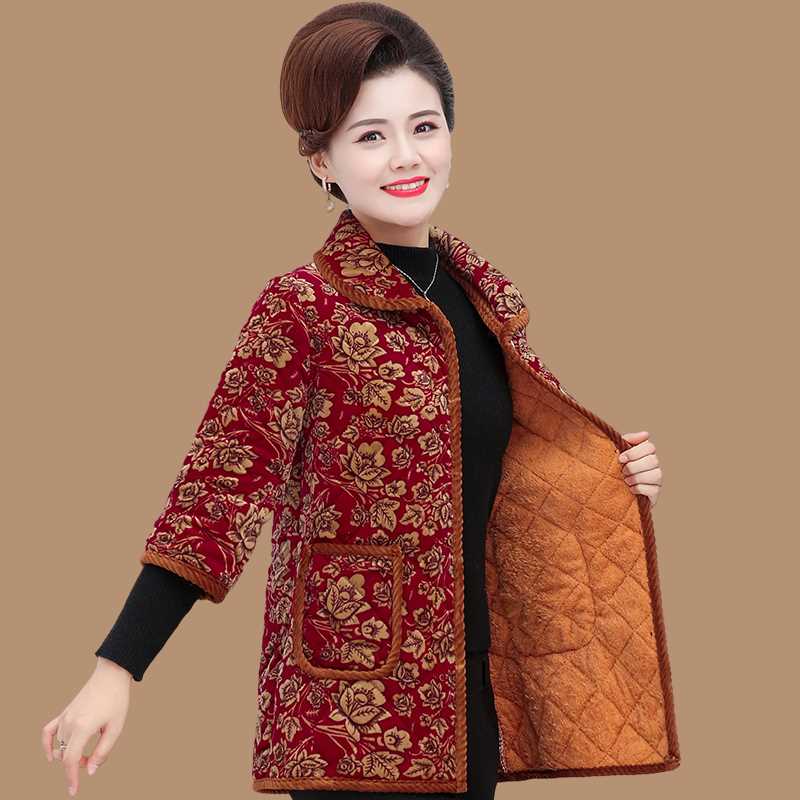中老年女妈妈装马甲加绒七分袖奶奶秋冬半袖棉袄加大码中长款棉衣