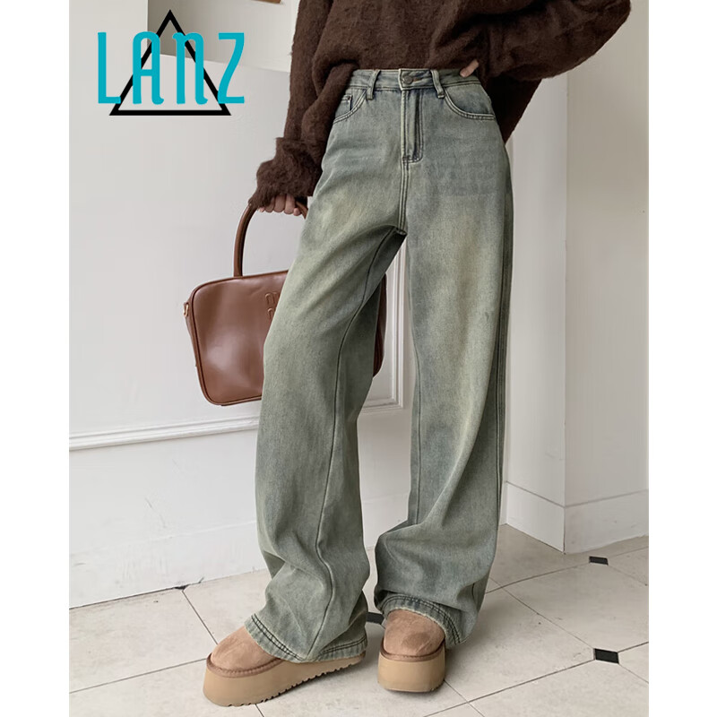 美式雅痞风水洗做旧加绒牛仔裤女直筒裤加厚保暖高腰拖地阔腿裤