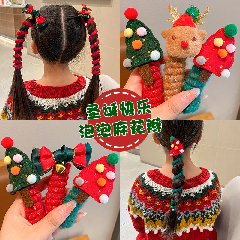 2023新款圣诞节电话线发圈儿童发绳圣诞老人卡通皮筋女孩节日头绳