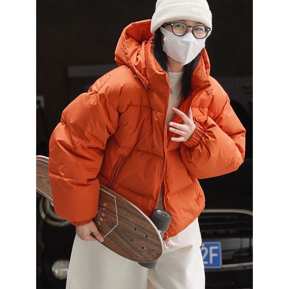 雅鹿高级感超好看南瓜橘色连帽羽绒棉服女冬季2023新款爆款韩系面