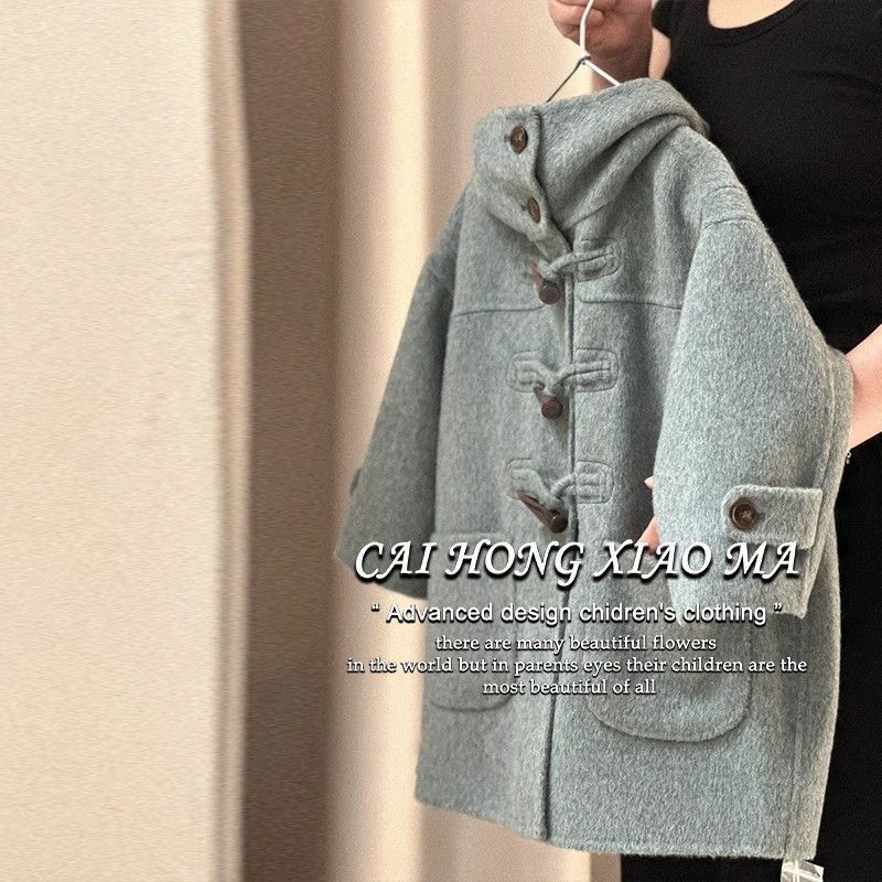 甄选2023秋冬款韩版童装牛角扣呢大衣外套儿童时尚中长款连帽