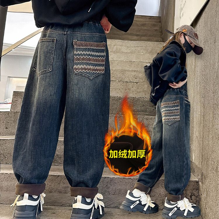 女童牛仔裤秋冬款外穿女大童加绒加厚休闲冬天长裤一体绒儿童裤子