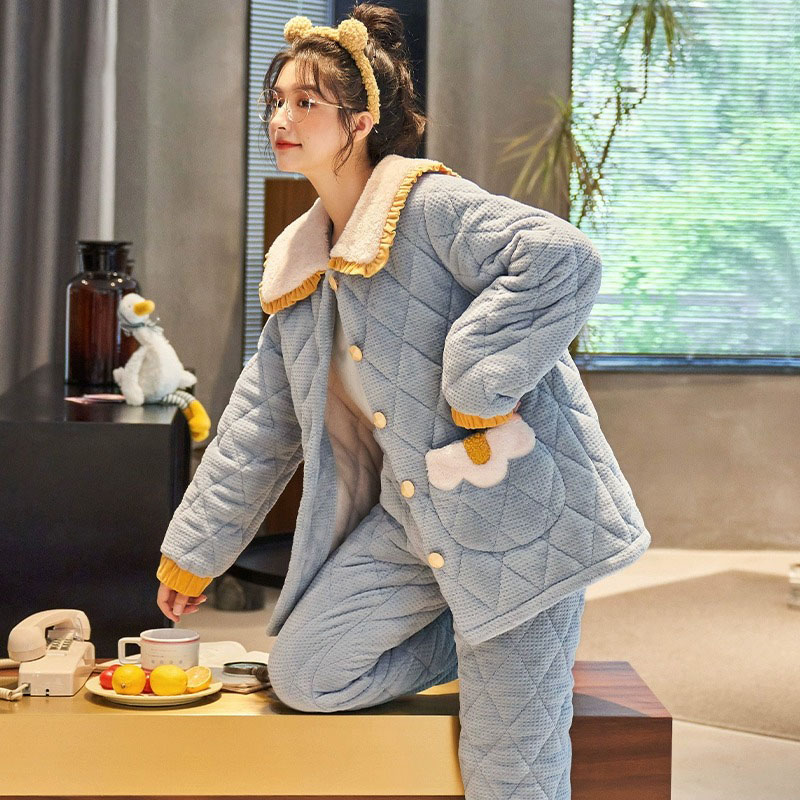 NY珊瑚绒三层夹棉睡衣女秋冬季加绒加厚保暖家居服法兰绒大码套装
