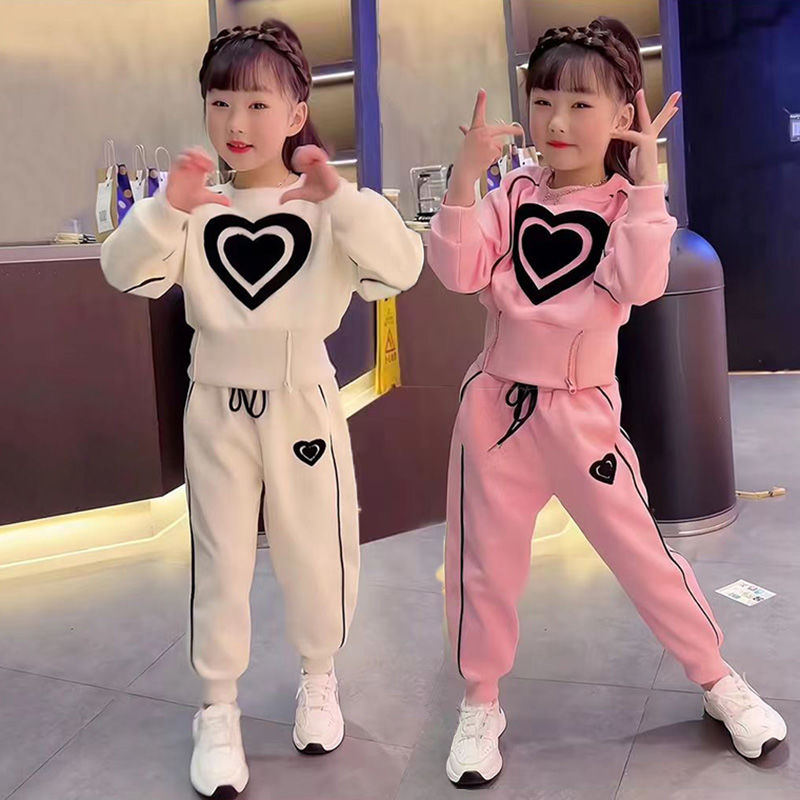 女童春装爱心套装2023新款洋气春季中大童女孩网红卫衣运动两件套
