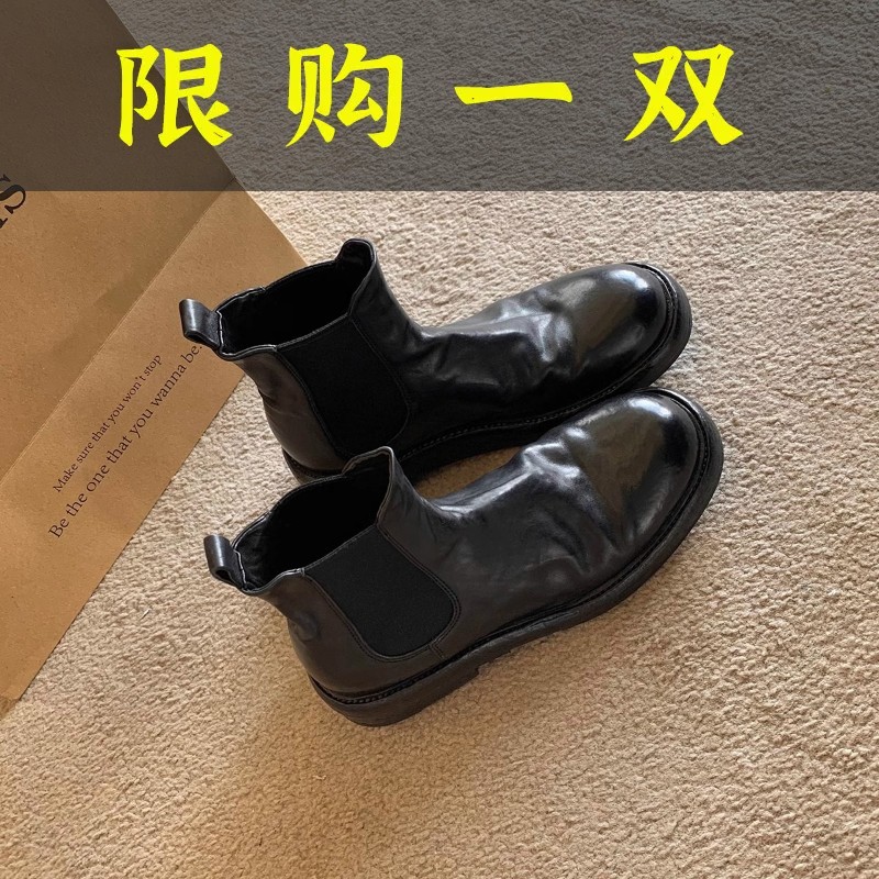 百丽存爱水洗马皮褶皱粗跟厚底烟筒靴女秋新款时尚短筒弹力靴子