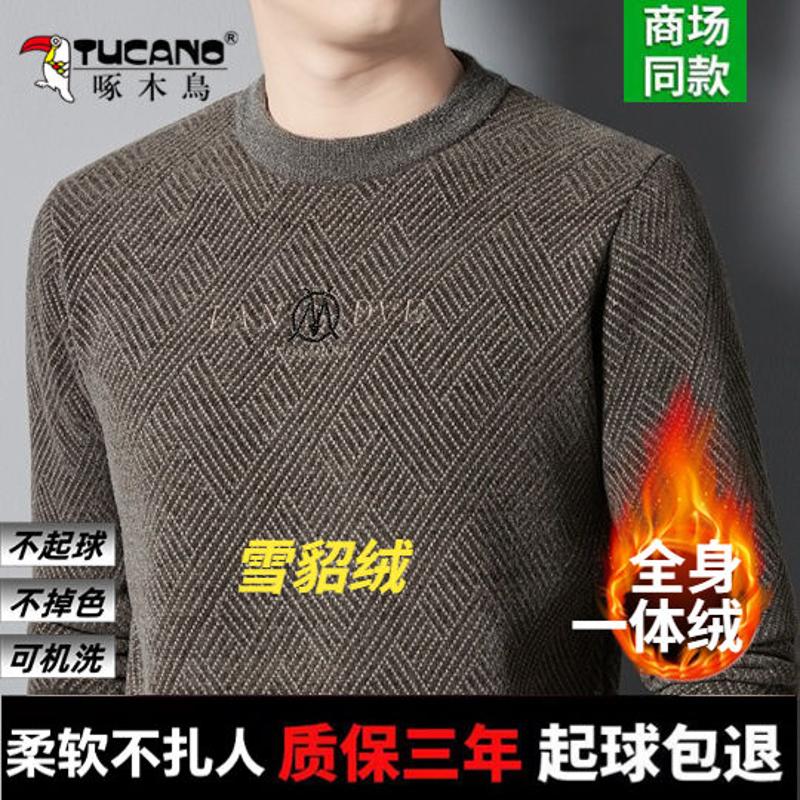 啄木鸟高档雪貂绒加绒加厚男士毛衣冬季新款不起球一体绒针织衫男