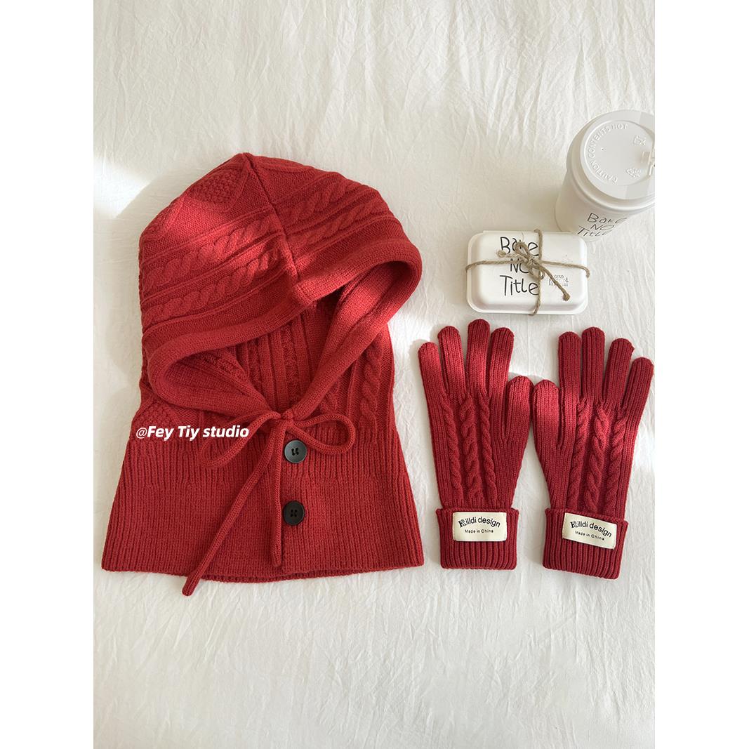 时髦学院风绞花巴拉克拉法帽秋冬保暖手套两件套针织护耳套头帽女