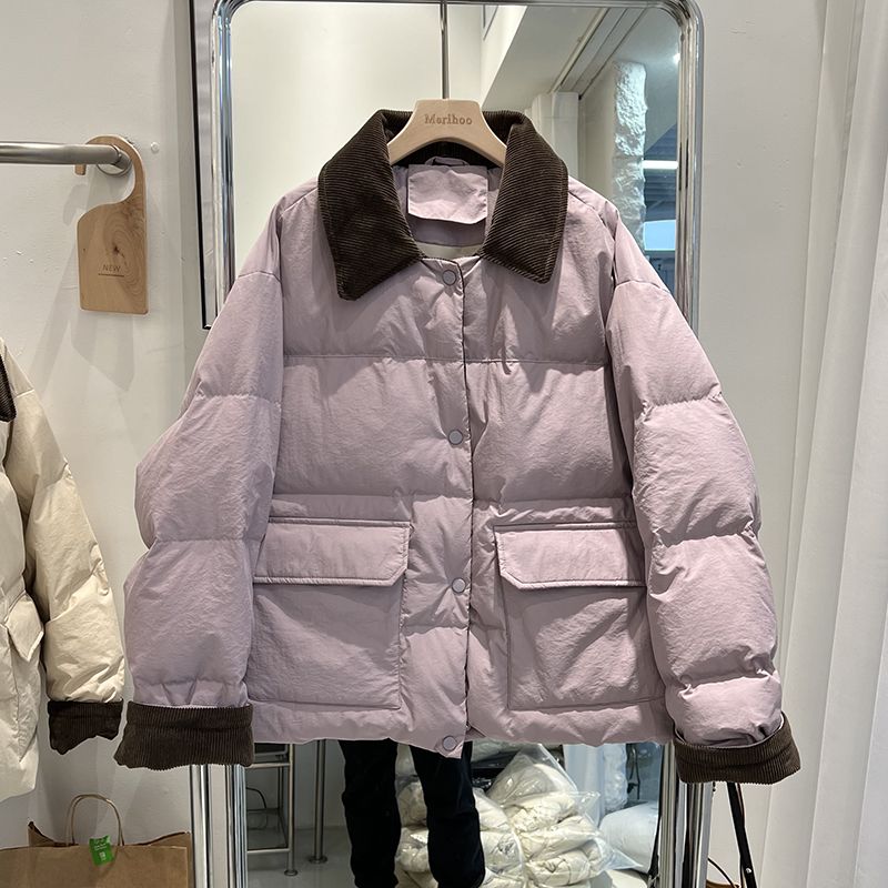 波司澄2023冬季新款韩版灯芯绒撞色羽绒棉服女短款韩系大口袋羽绒