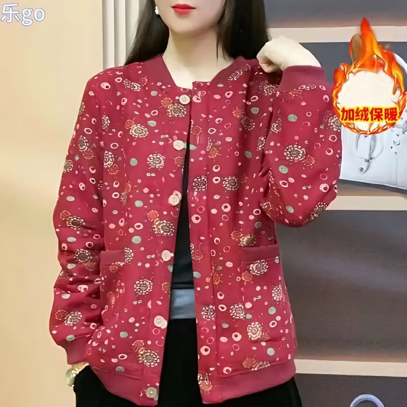 秋冬厚外套妈妈装爆款棉衣春秋加绒格子开衫保暖棒球服上衣女外套