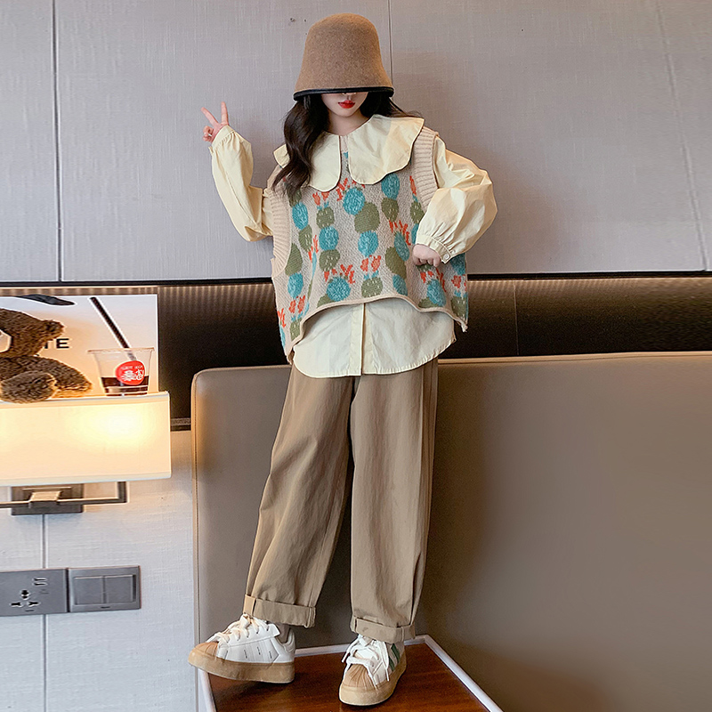 女童春装2024新款大儿童女孩洋气长袖衬衫针织毛线毛衣马甲潮衣服