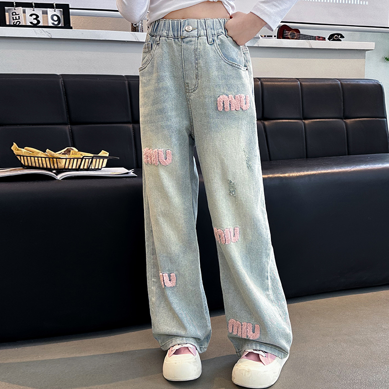 女童毛巾绣牛仔裤春秋2024新款裤子中大儿童阔腿裤直筒窄版休闲裤
