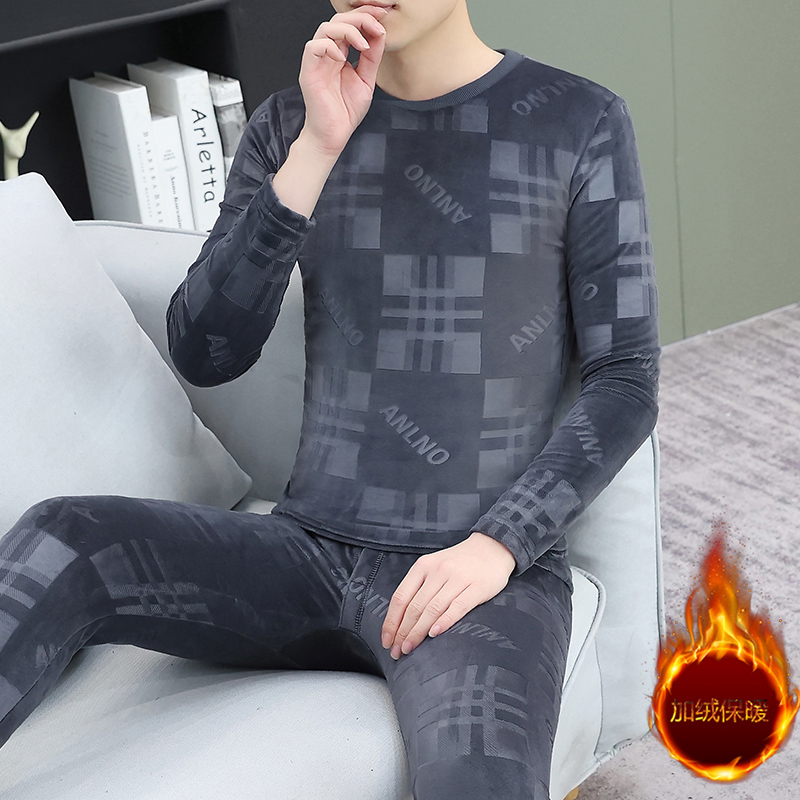 男士保暖内衣金丝绒加厚加绒套装冬季防寒超厚青少年圆领秋衣秋裤