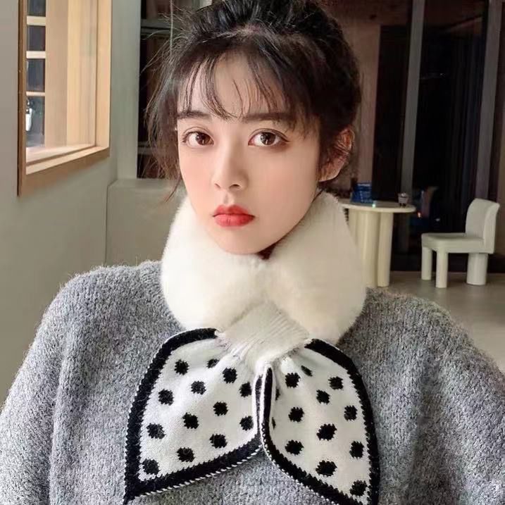 围巾女秋冬季韩版百搭保暖围脖仿獭兔毛毛网红波点毛绒交叉围脖女