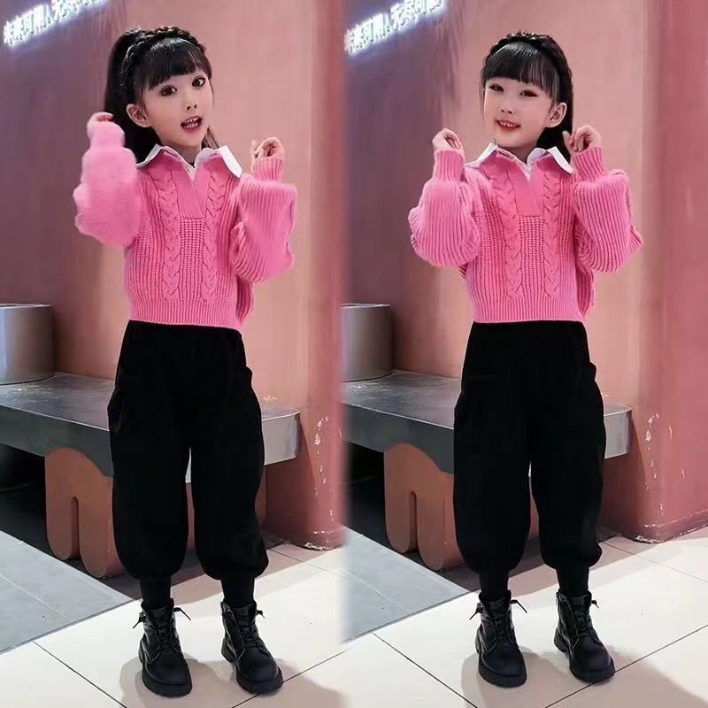 童装新秋冬款女童秋冬季套装儿童洋气毛衣加绒加厚哈伦裤时髦洋气