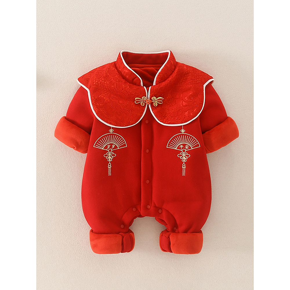 日本婴儿冬季连体衣2023新款红色男女宝宝年服加绒加厚冬装中国风