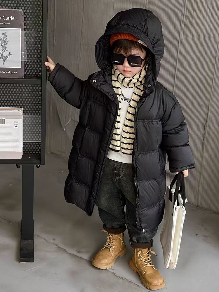 （反季 国标90绒）儿童连帽中长款加厚保暖冬季羽绒服中大童