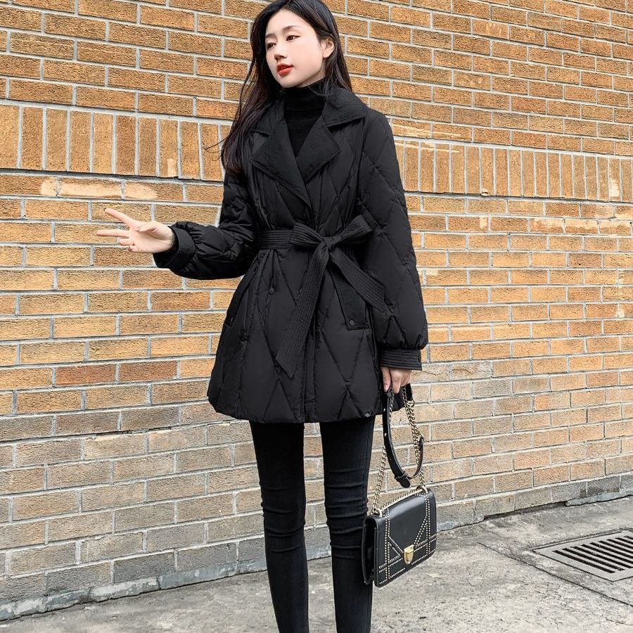 2023新款女装冬修身收腰中长款羽绒棉服女黑色显瘦西装领棉服外套