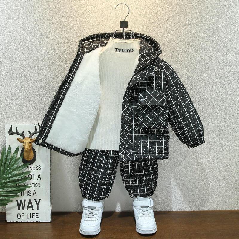 男童格子加绒两件套2023冬季韩版儿童冬装男宝宝三层加厚网红套装