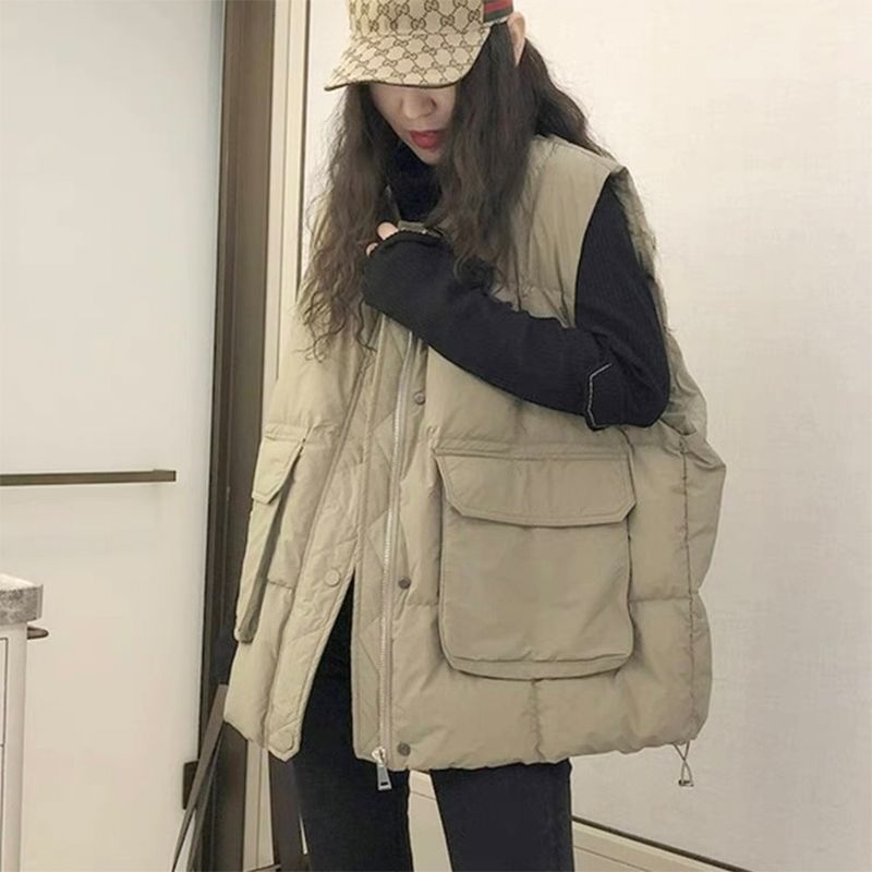 当季爆款大口袋羽绒马甲女新款欧货大码韩款宽松时尚洋气白鸭绒马