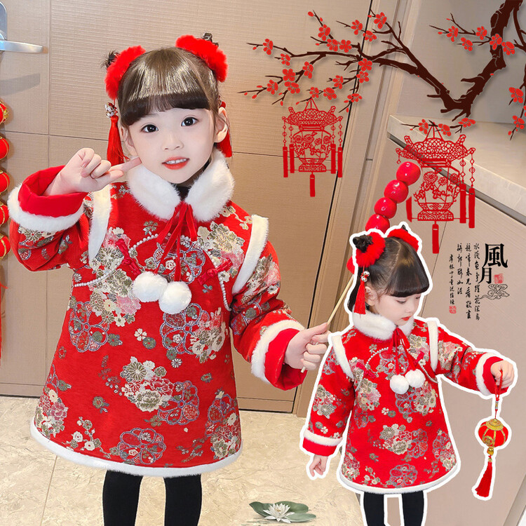 儿童女童中小童女宝宝女孩子冬款国风唐装连衣裙年服拜送包包加厚