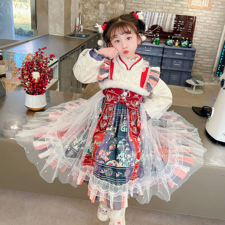 儿童女童中小童女宝宝女孩子冬款国风网纱洛丽塔连衣服汉服裙年服