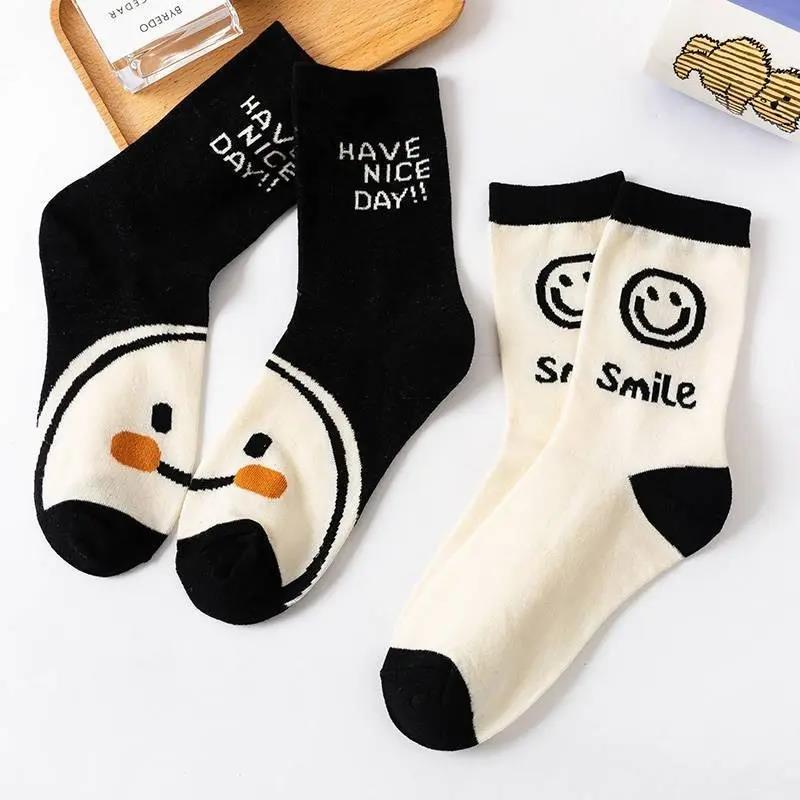 【2.9元5双】黑白笑脸中筒袜新款潮流百搭袜子四季男女百搭运动可