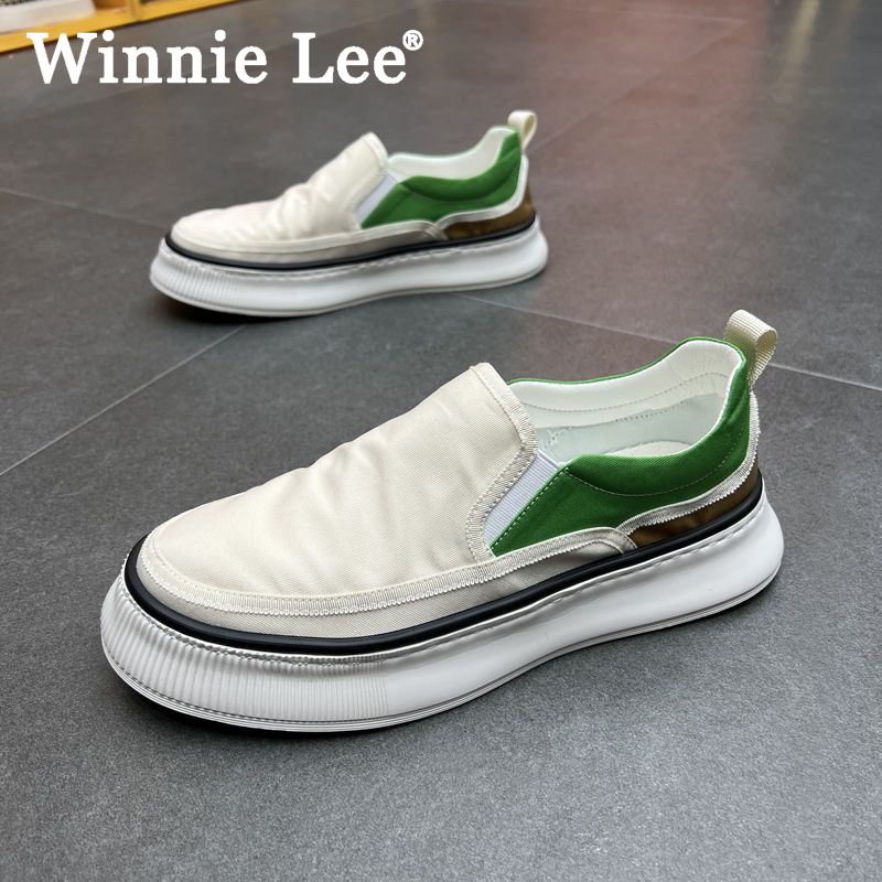 Winnie Lee新款低帮休闲板鞋男士帆布拼色厚底懒人一脚蹬潮流男鞋