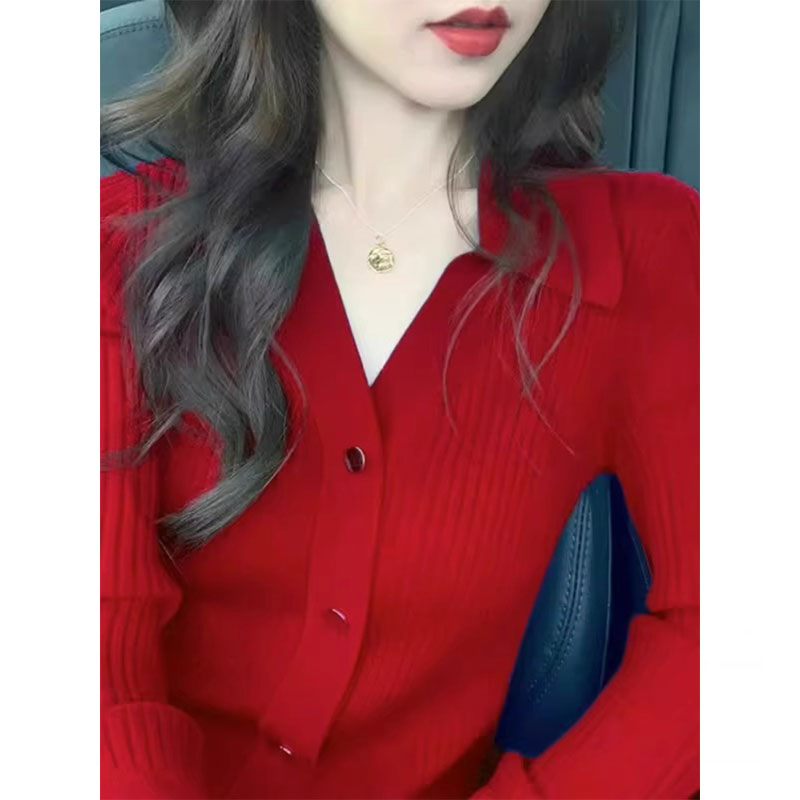 朵朵推荐圣诞新年红色气质领打底衫女2023新款春秋季本命年开衫针