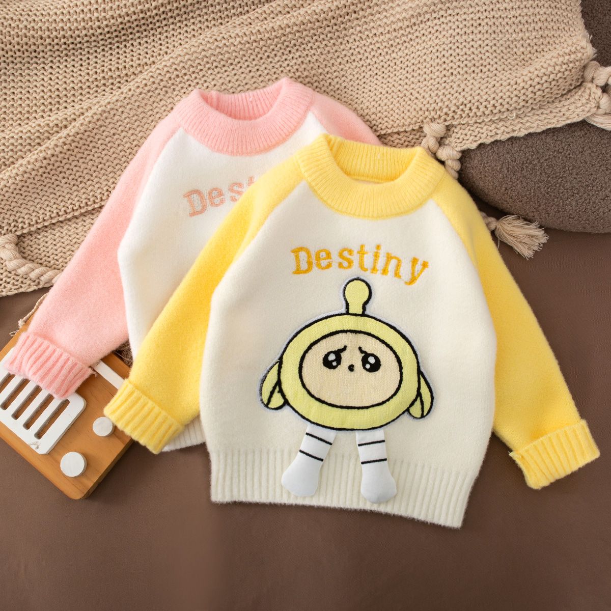 儿童毛衣加绒加厚2023冬季新款卡通蛋仔水貂绒不起球女宝宝针织衫