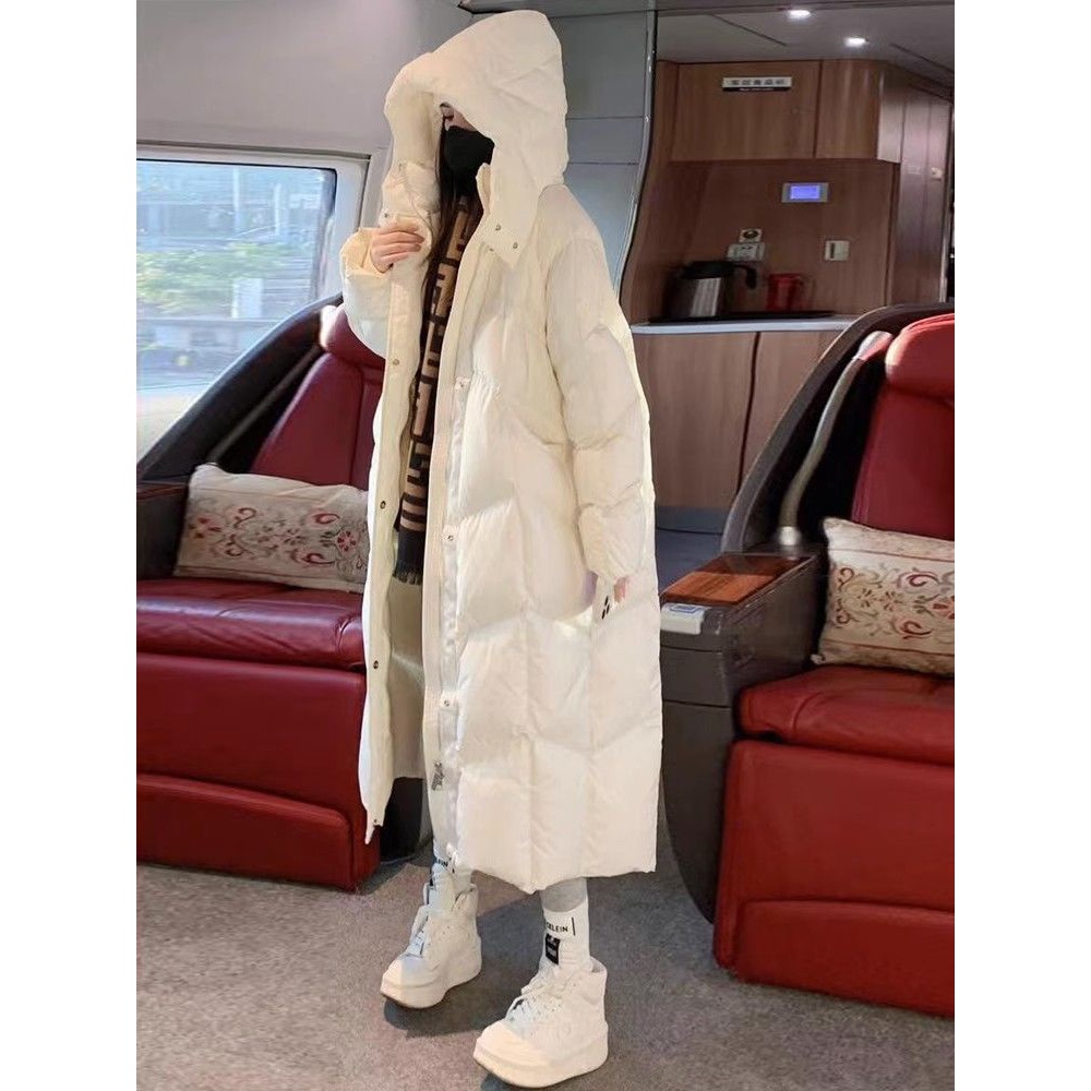 白色过膝长款羽绒服女2023冬装时尚设计师款连帽拉链面包服外套