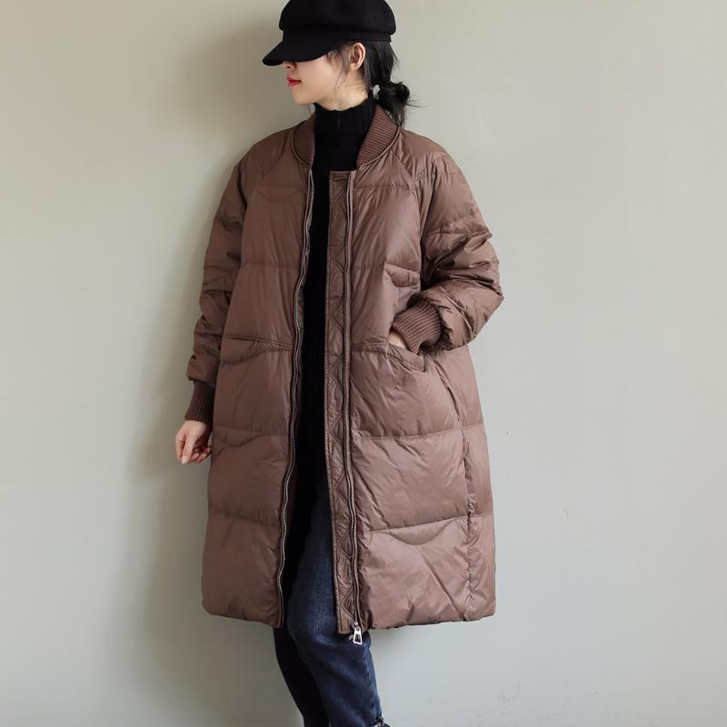 冬装新款棒球领纯色中长款白鸭绒保暖百搭宽松休闲羽绒服女外套