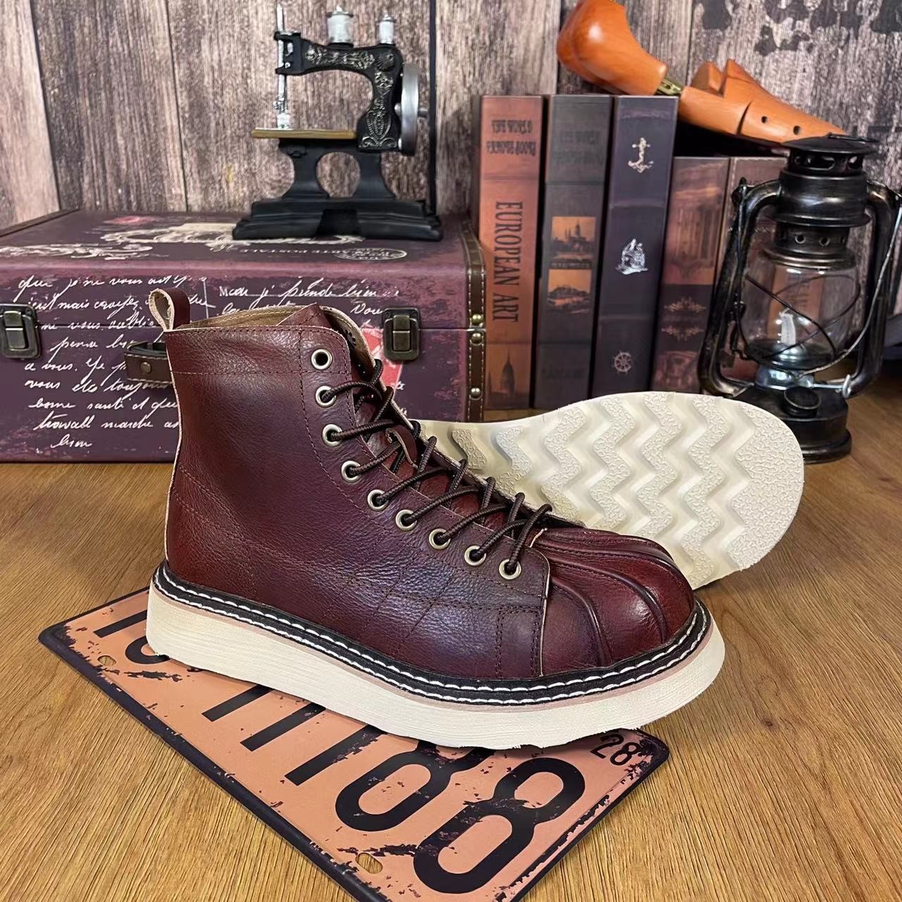 阿美咔叽贝壳头马丁靴男高帮短脸英伦风绒里真皮复古工装靴时尚