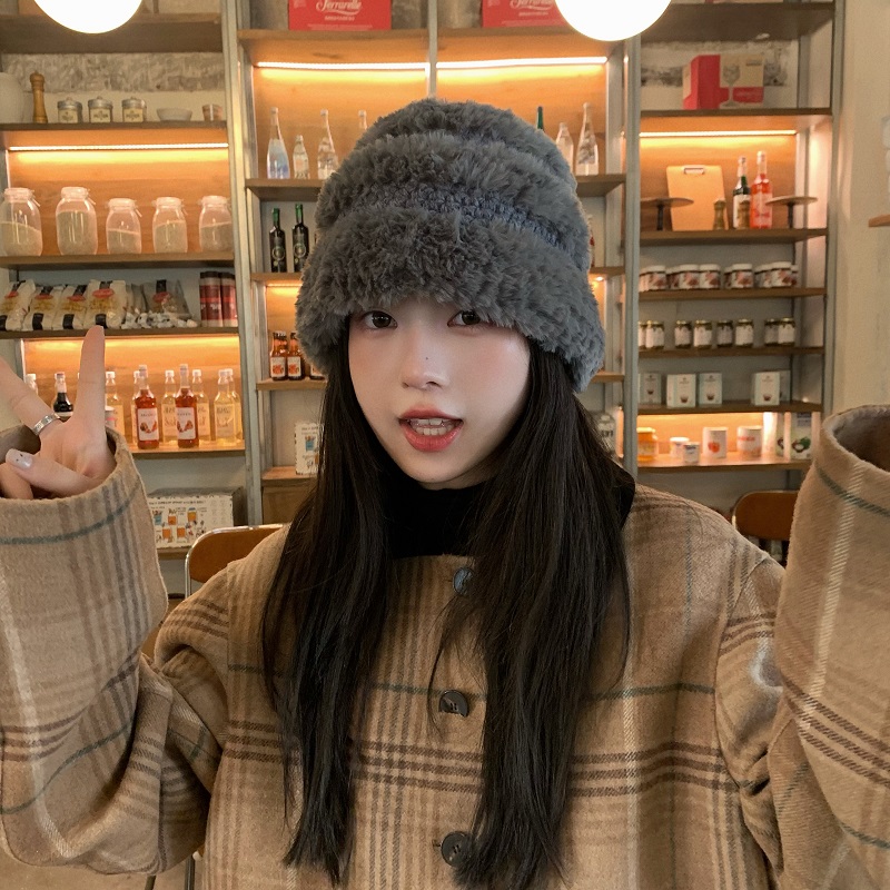 网红毛绒拼接毛线帽女秋冬季保暖帽子针织渔夫帽ins显脸小水桶帽