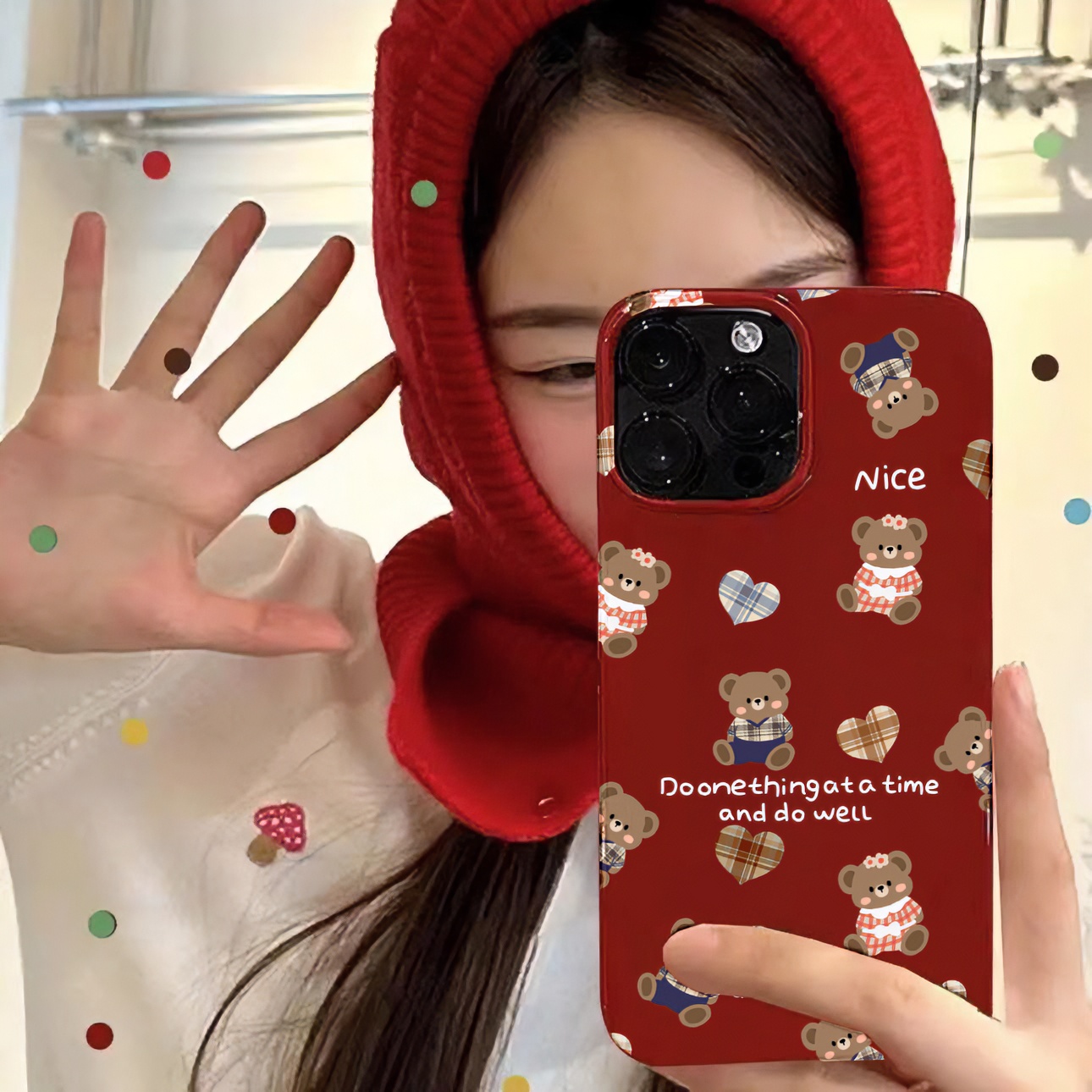 KEBENA满屏红色小熊iPhone13promax苹果15手机壳12新年红14pro女
