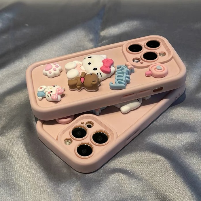 KEBENA立体KT猫樱花粉苹果15手机壳iPhone13/14promax肤感12全包x
