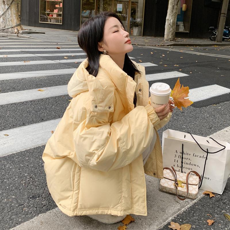 奶甜美黄色白鸭绒羽绒服外套女冬学生小个子加厚羽绒衣面包服A