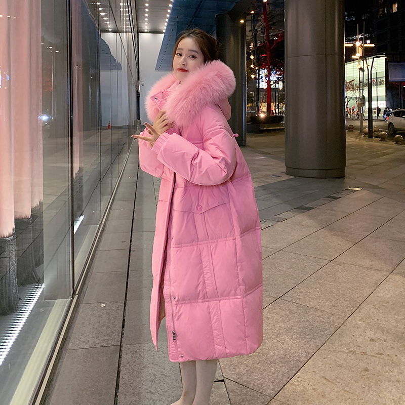 人造毛领羽绒服女中长款韩版冬季收腰连帽时尚保暖厚羽绒衣外套A
