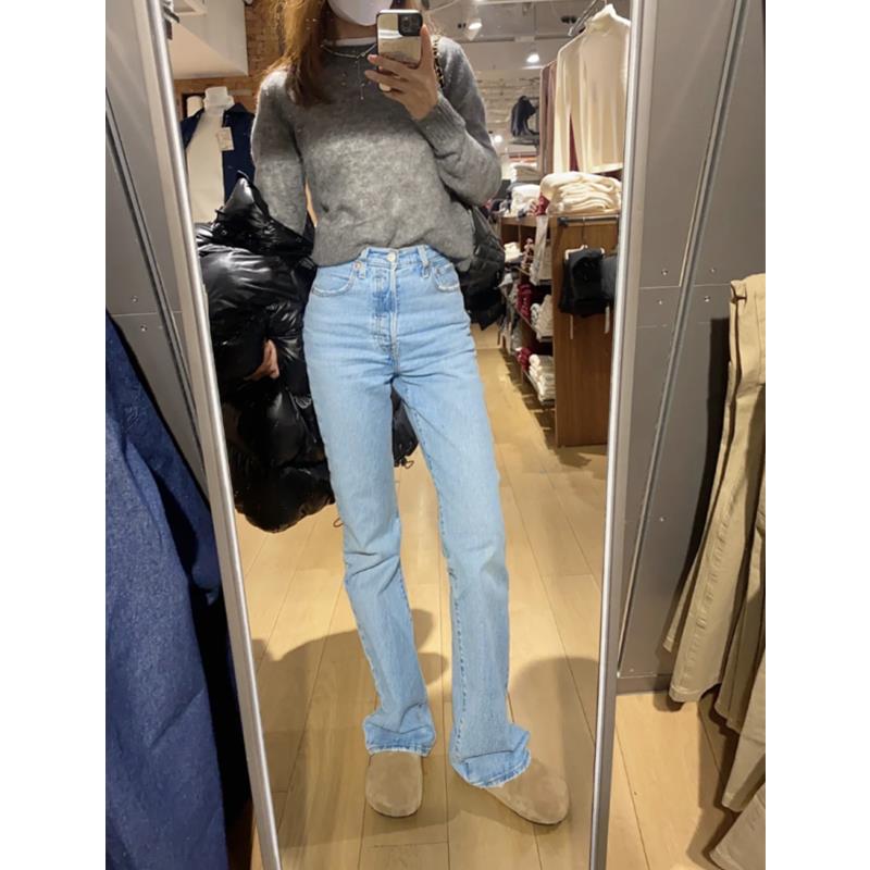 美式浅蓝色直筒牛仔裤女春秋款高腰修身显瘦弹力烟管拖地窄版裤子