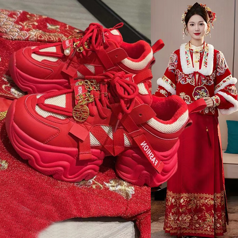 真皮老爹鞋女ins潮2023新款秋冬小个子百搭厚底红色运动秀禾婚鞋