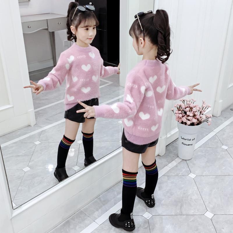 女童毛衣套头2023新款秋冬装韩版洋气加厚中大童水貂绒打底针织衫