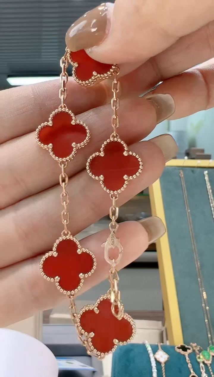 【闪购商品】玛瑙/玉髓手链18K金镶嵌15mm玫瑰金红色五花手链